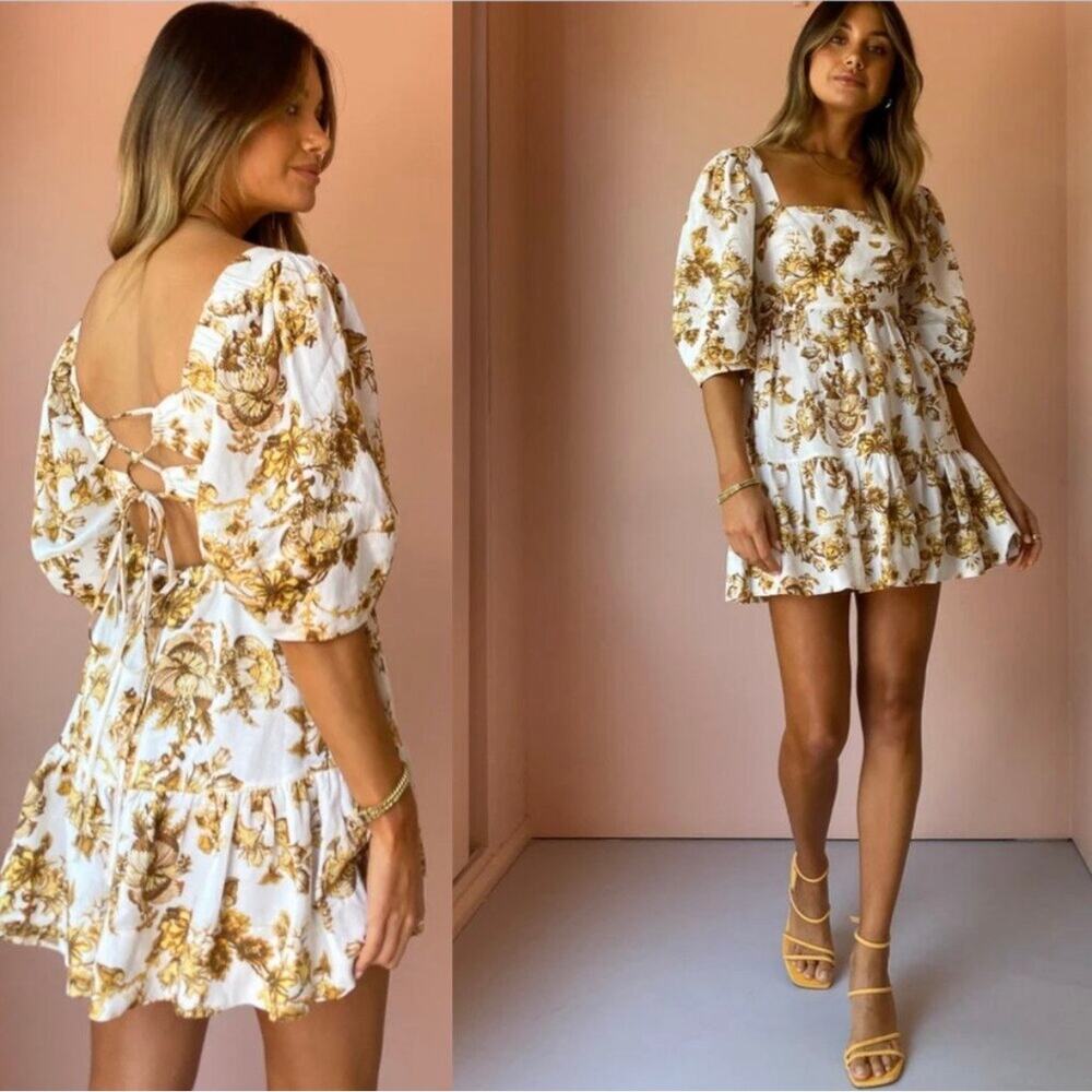 Shona Joy Bella Floral Open Back Linen Blend Mini Dress - size 4